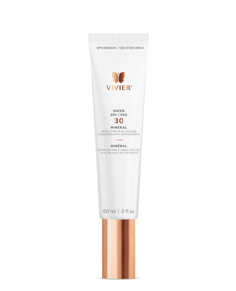 Vivier SHEER SPF 30 Mineral sunscreen tube with lightweight formula for radiant skin and broad-spectrum protection.