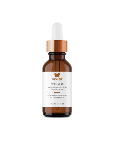 Vivier Serum 10 antioxidant serum with 10% Vitamin C in a 30ml glass dropper bottle, perfect for all skin types.