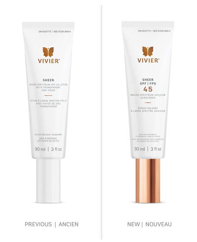 Vivier SHEER SPF 45 sunscreen tubes, showcasing previous and new packaging design for broad-spectrum sun protection.