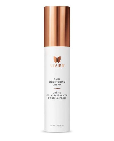 Vivier Skin Brightening Cream in a sleek white bottle with rose gold cap for uneven skin tone and pigmentation.