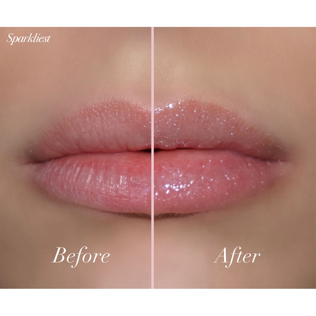 Before and after lip transformation showing shiny, nourished lips with Jello Gloss Balm for a glossy finish.