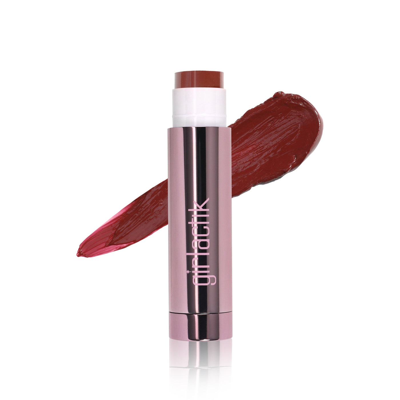 Girlactik Jello Gloss Balm in a sleek tube next to a swatch of rich red color, showcasing its nourishing formula.