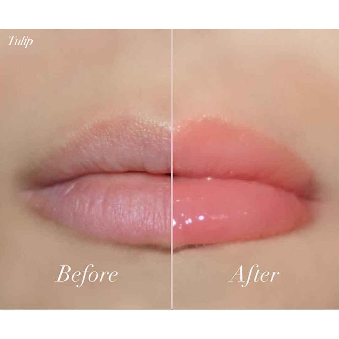 Before and after lips showing the moisturizing effect of Girlactik Jello Gloss Balm in shade Tulip with a glossy finish.