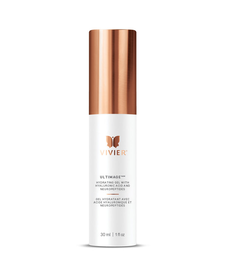 Vivier Ultimage™ hydrating gel with Hyaluronic Acid and Neuropeptides for fine lines and hydration, 30ml bottle.