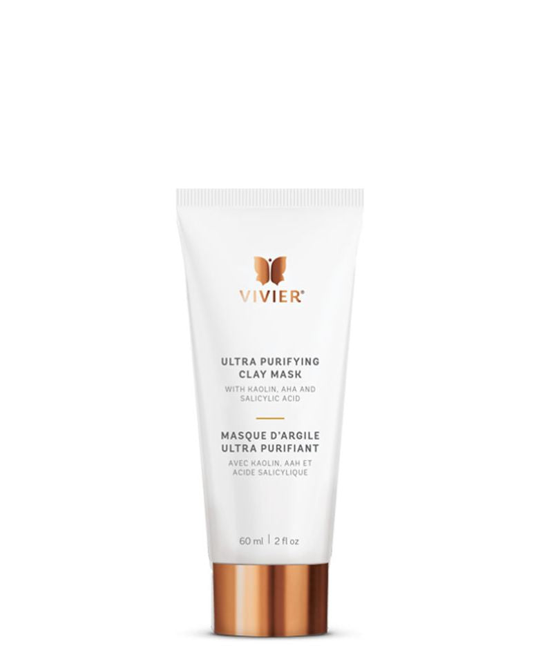 Vivier Ultra Purifying Clay Mask tube with red Kaolin clay and AHAs for exfoliating and hydrating all skin types.