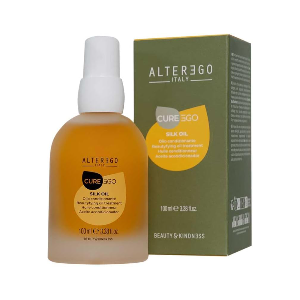 Silk oil treatment from Alterego Italy in a 100ml bottle, ideal for taming frizzy hair and adding shine.