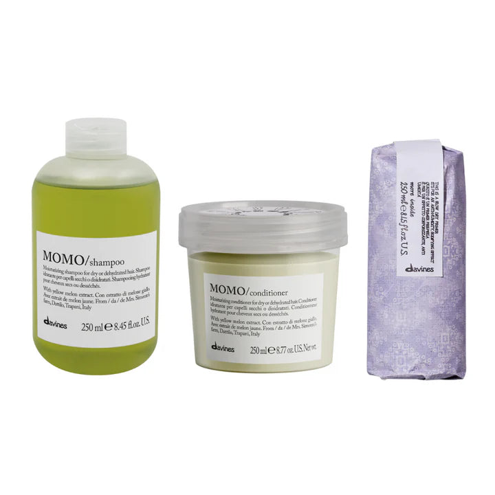 Davines Momo More Inside Gift Set featuring Momo Shampoo, Conditioner, and Blow Dry Primer for hydrating dry hair.