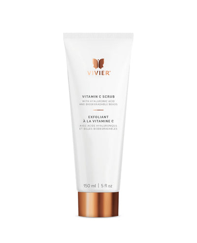 Vivier Vitamin C Scrub 150ml tube, a revitalizing exfoliant with biodegradable beads and hyaluronic acid for glowing skin.