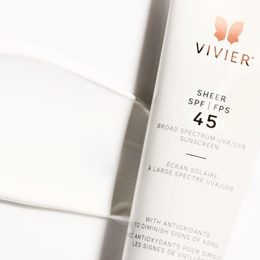 Vivier SHEER SPF 45 sunscreen tube offering broad-spectrum UVA/UVB protection and anti-aging benefits.