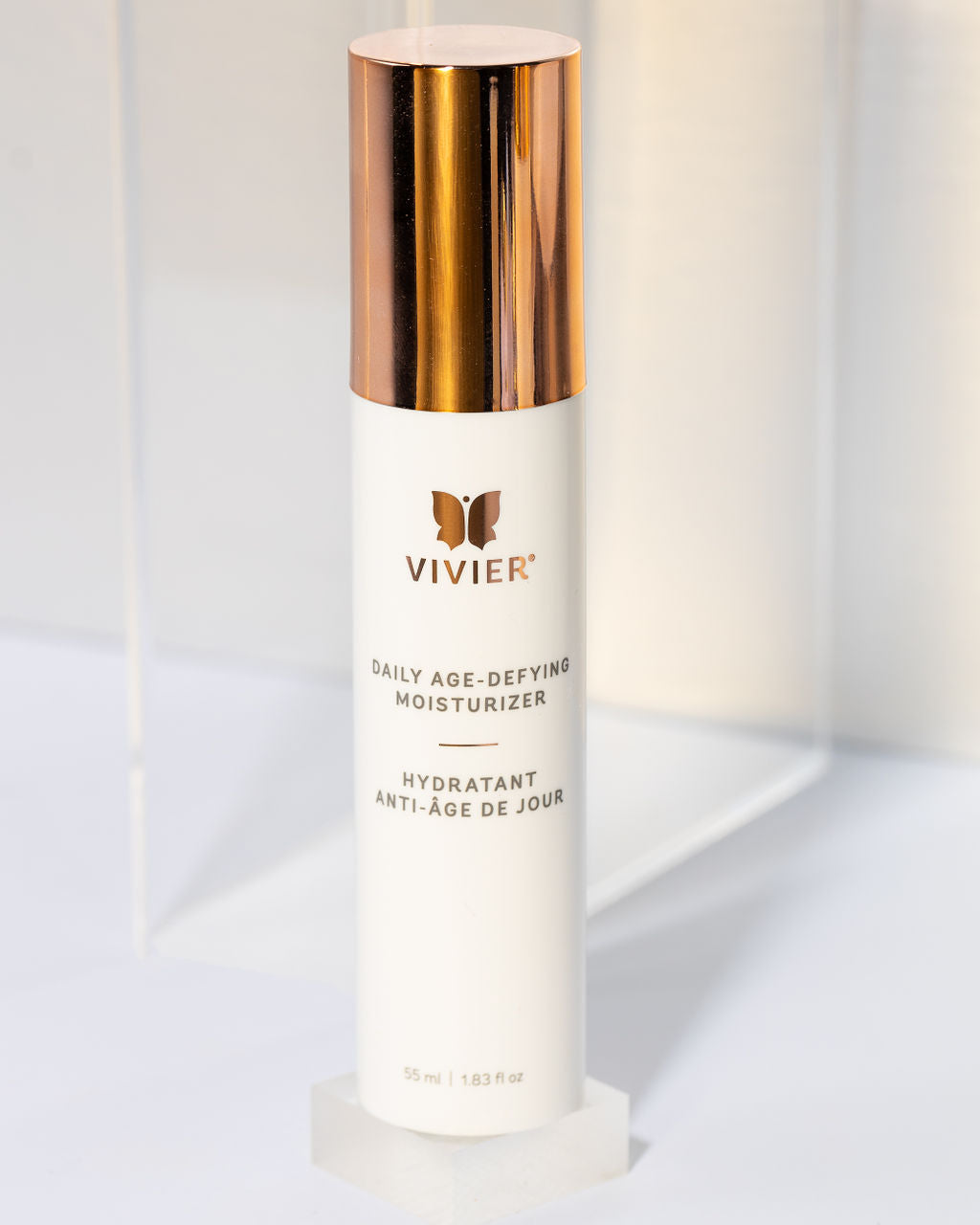 Vivier Daily Age-Defying Moisturizer in a sleek bottle, designed for all skin types to enhance hydration and reduce signs of aging.