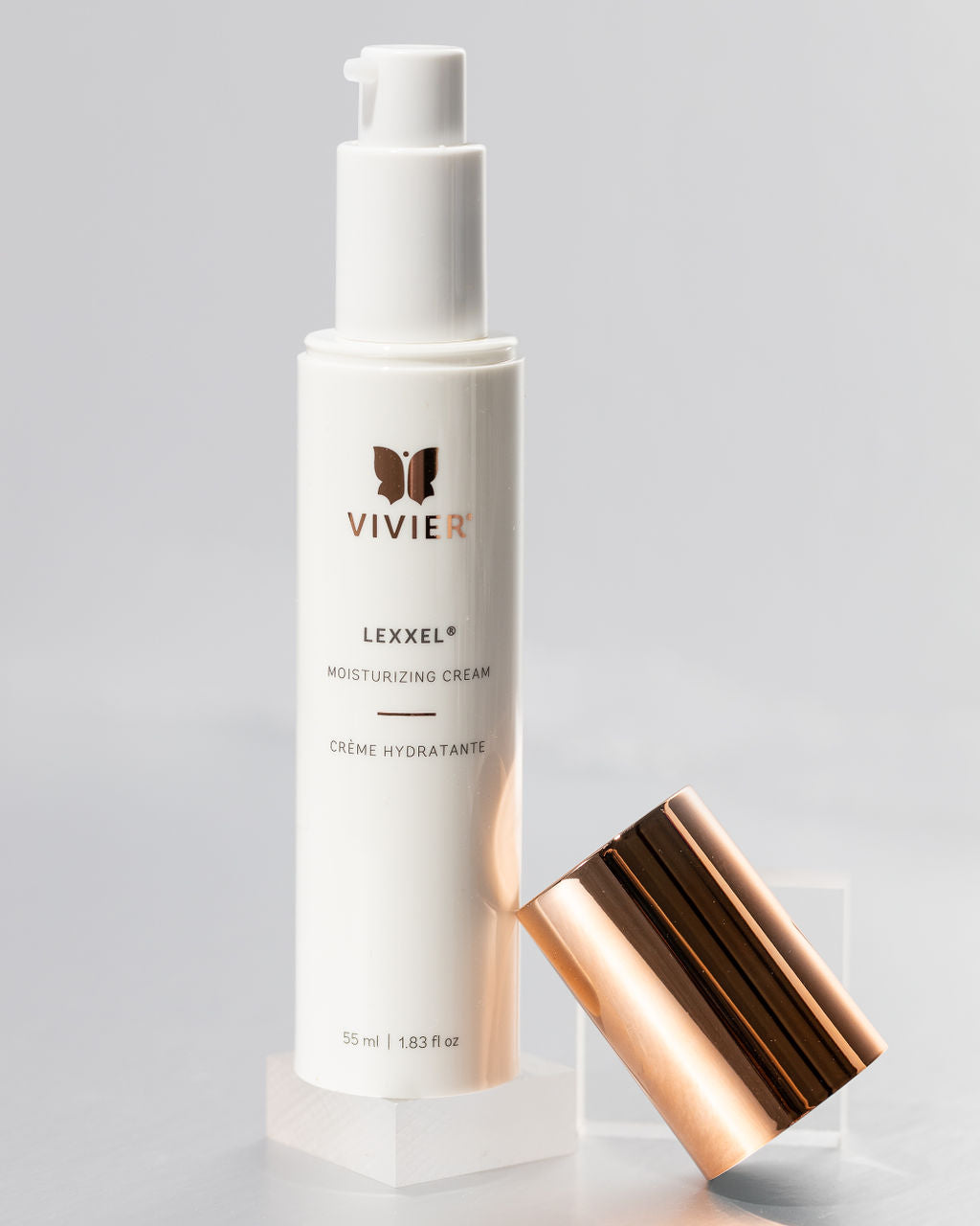 Vivier LEXXEL moisturizing cream bottle with pump and cap, designed for dry and sensitive skin relief.