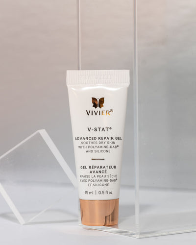 Vivier V-STAT Advanced Repair Gel in tube, formulated with Polyamine-DAB and silicone for healing scars and dry skin.