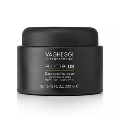 Fuoco Plus Black Sculpting Cream by Vagheggi in a sleek black container, 200ml, designed for targeted body sculpting.