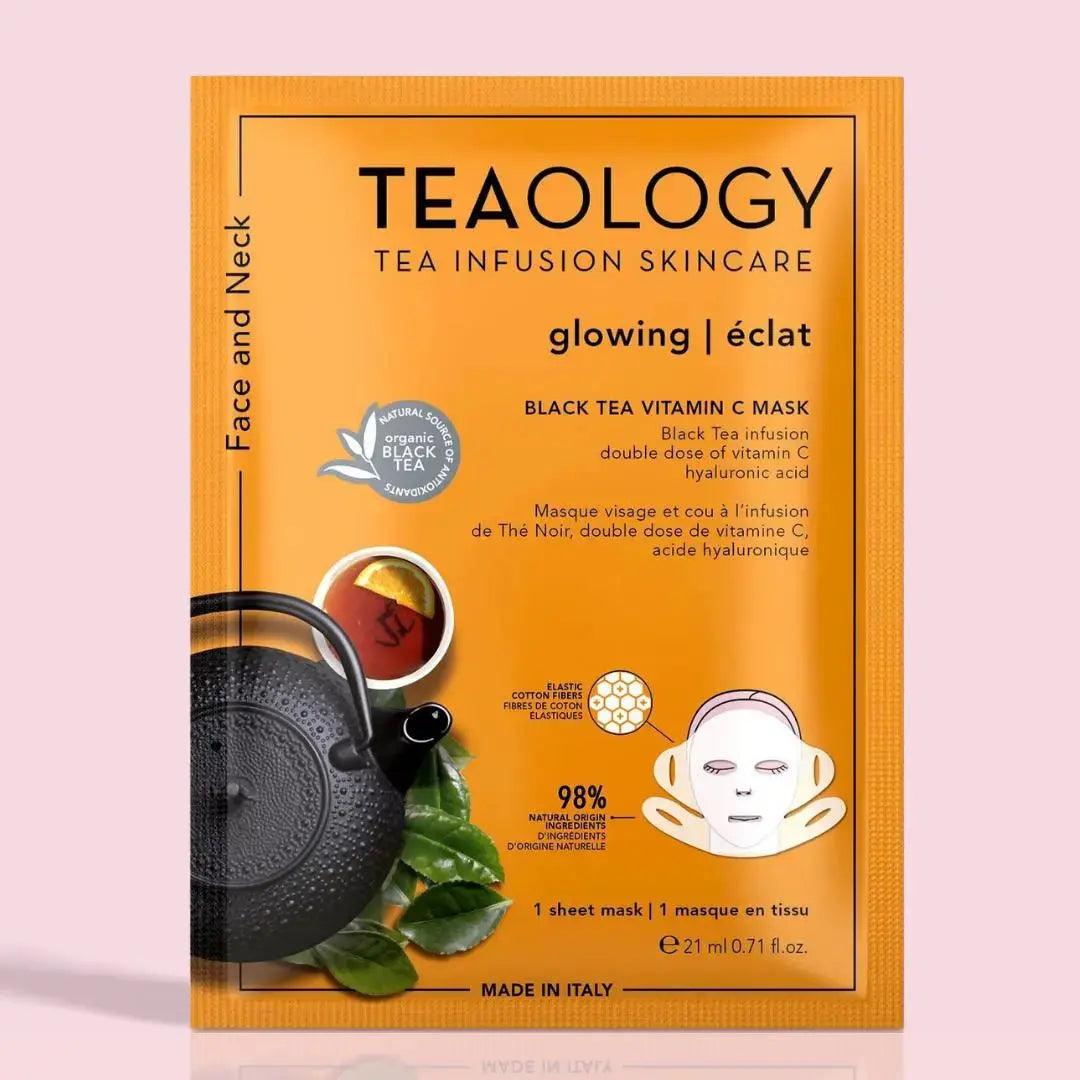 Black Tea Vitamin C glowing sheet mask packaging by Teaology, designed for face and neck rejuvenation and skin tone enhancement.