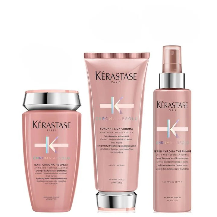 Kérastase Chroma Absolu Holiday Gift Set, includes Bain Chroma Respect shampoo, Fondant Cica Chroma conditioner, and heat protectant.