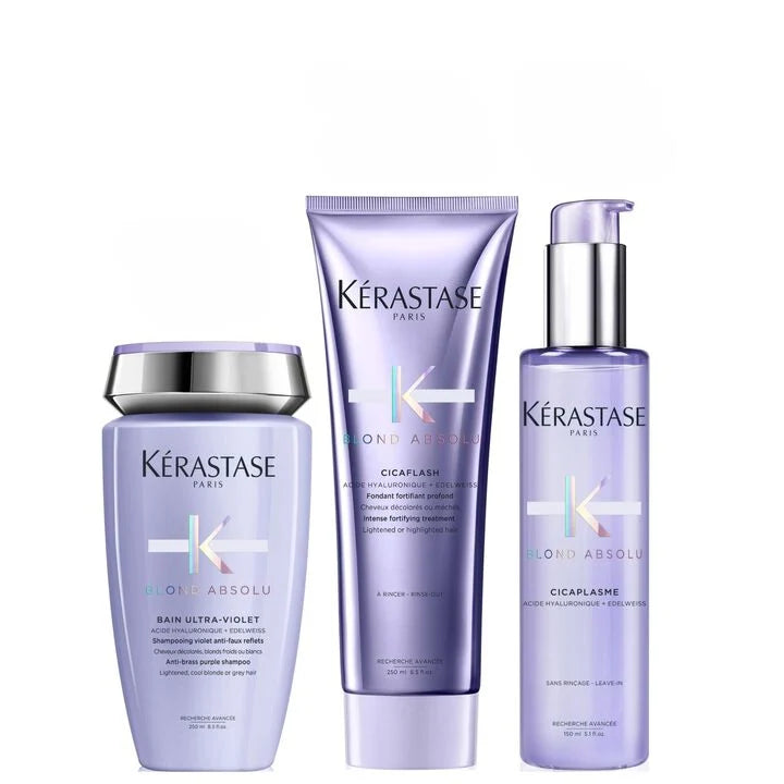 Kérastase Blond Absolu Ultra-Violet Holiday Gift Set, including shampoo, conditioner, and heat protectant for blonde hair.