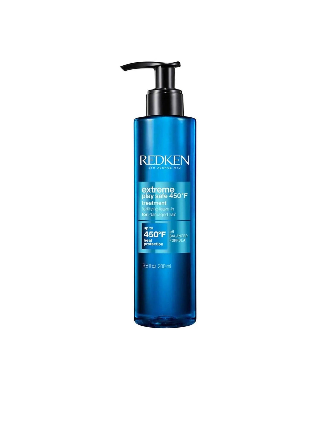 Redken Extreme Play Safe 450°F heat-protective treatment bottle for all hair types and textures.