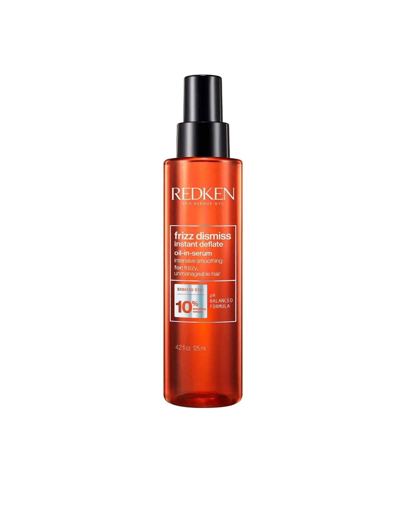 Redken Frizz Dismiss Instant Deflate Oil-in-Serum bottle for smoothing frizz and managing all hair types.