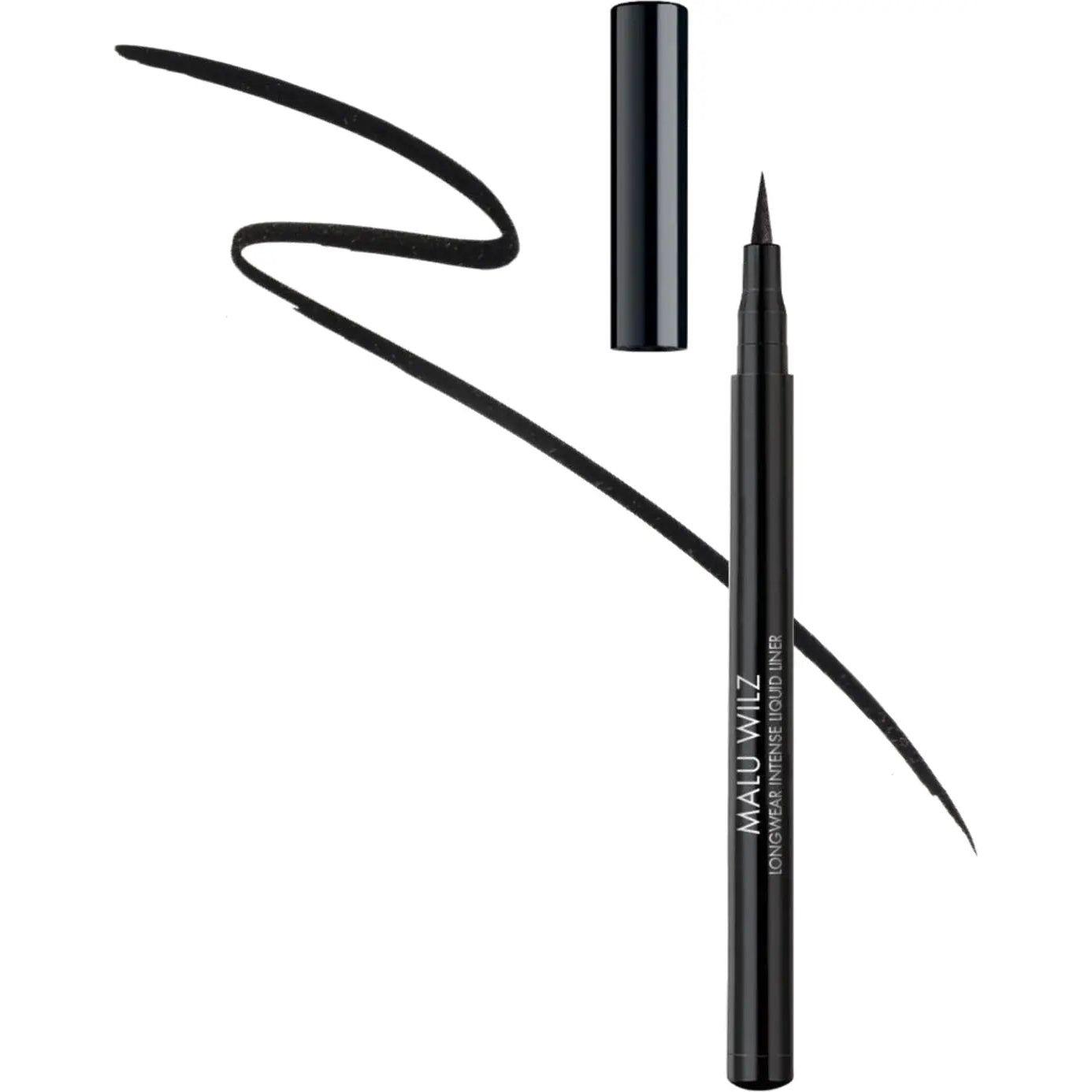 Malu Wilz Intense Long-Lasting Liquid Eyeliner in Black with a precise applicator and a bold black line.