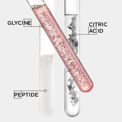 Test tubes containing Glycine, Citric Acid, and Peptide showcasing skincare ingredients for hair repair.