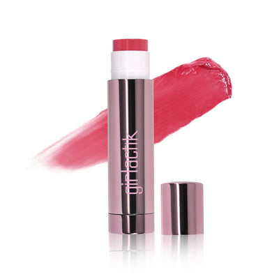 Girlactik Jello Gloss Balm with pink tint and glossy swipe, featuring nourishing ingredients for lips.