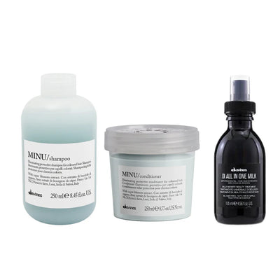 Davines MINU Shampoo, Conditioner, and OI All-in-One Milk set for frizz control and smooth hair.