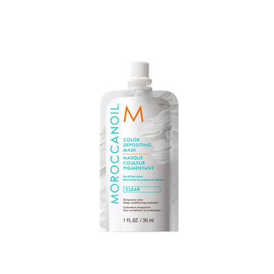 Moroccanoil Color Depositing Mask Clear, 30ml pouch for glossy shine and nourishing treatment for all hair types.