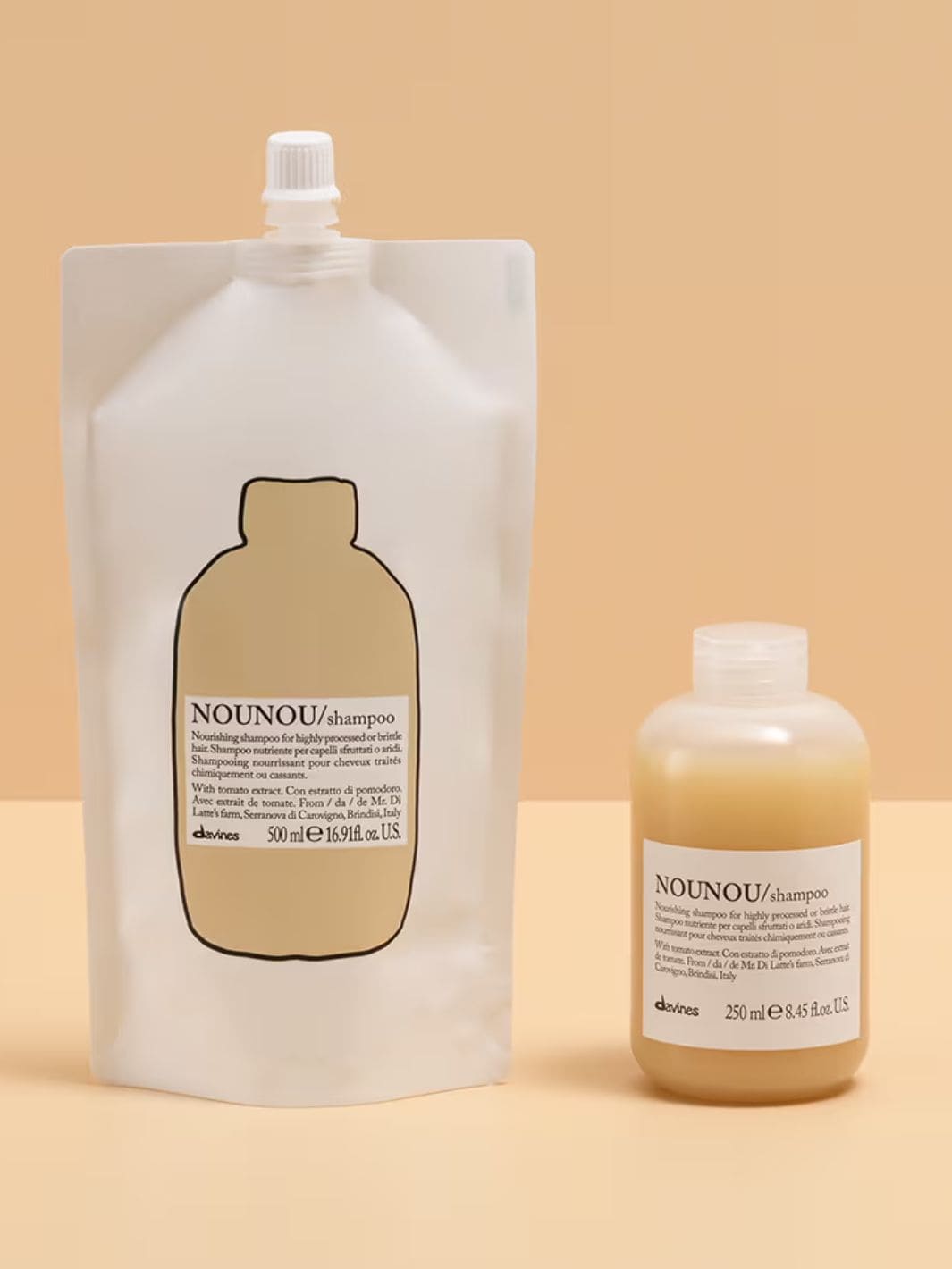 Nounou Shampoo Refill in eco-friendly pouch and bottle, designed to repair and nourish damaged hair with tomato extract.