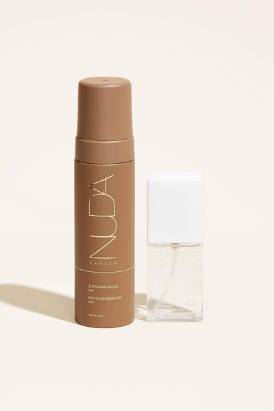 Nuda Glow Duo featuring Self Tanning Mousse and facial self tanner for customizable tanning shades.