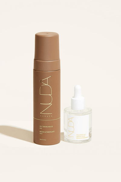 Nuda Canada Glow Duo featuring self tanning mousse and facial self tanner for a customized bronzed glow.