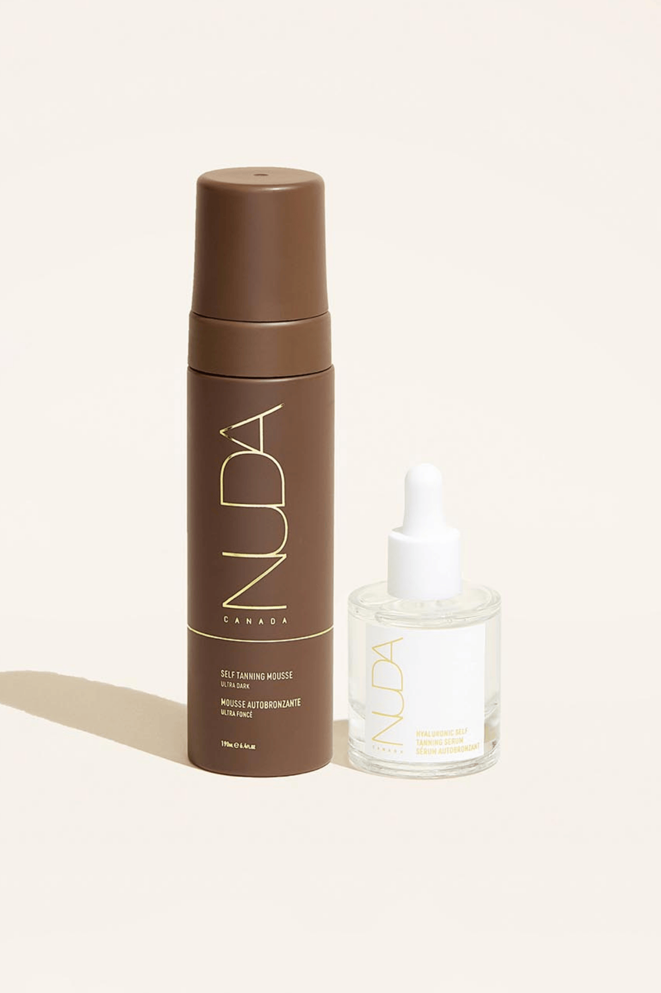 Nuda Glow Duo featuring Self Tanning Mousse and facial self tanner for customizable sun-kissed skin.