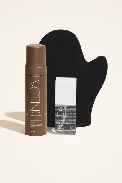 Nuda Glow Kit featuring self tanning mousse, facial tanner, and tanning mitt for a perfect, streak-free tan.