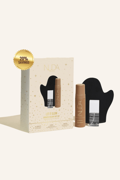 Nuda Bronzed Holiday Gift Set with Dark Self Tanning Mousse, Tanning Mitt, and savings badge, perfect for glowing skin.