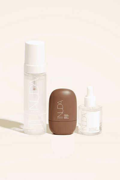 Ultimate Glow Trio featuring self tanning mousse, facial tanner, and bronzing glow drops for customizable skin tone glow.