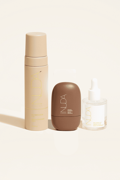 Ultimate Glow Trio featuring self tanning mousse, facial tanner, and bronzing glow drops for customizable radiance.