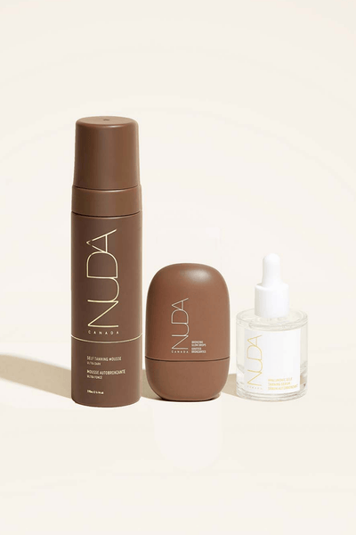 Ultimate Glow Trio featuring self tanning mousse, facial tanner, and bronzing glow drops for a customized tan.