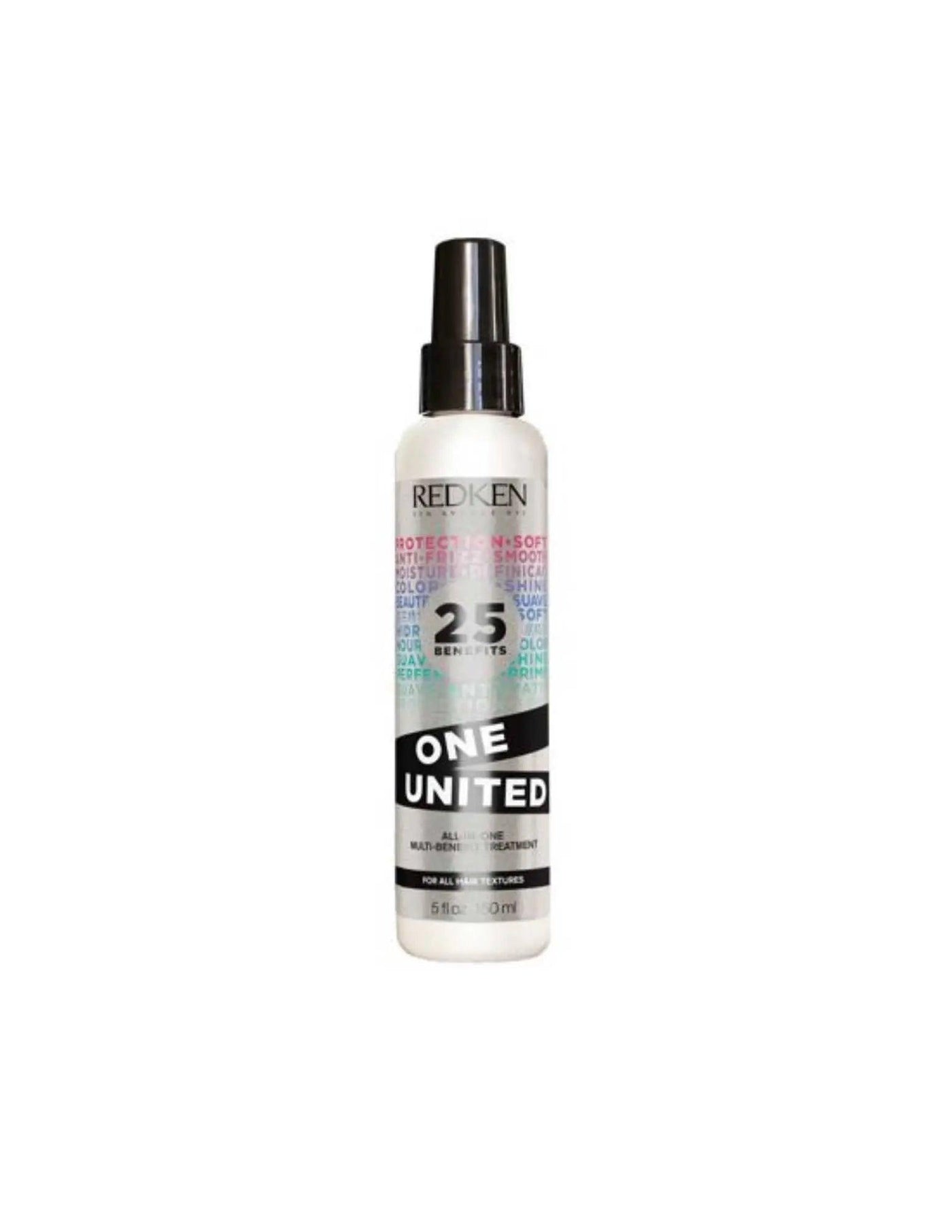 Redken One United multi-benefit hair treatment spray, ideal for all hair types and textures, addressing dryness and frizz.