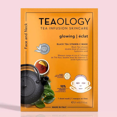 Teaology Black Tea Vitamin C Glowing Sheet Mask package showcasing biodegradable skincare for face and neck.