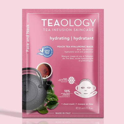 Peach Tea Hyaluronic Mask for face and neck, hydrating treatment with blue tea infusion and prebiotics. Made in Italy.