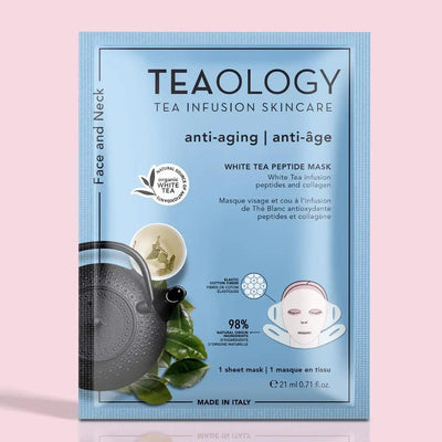 White Tea Peptide Anti-Aging Sheet Mask for face and neck by Teaology, enriched with antioxidants and collagen for glowing skin.