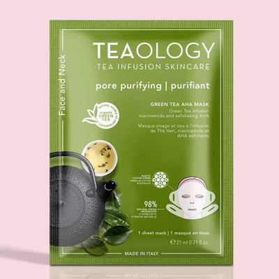 Green Tea AHA Mask by Teaology, biodegradable sheet mask for pore purification and skin blemish treatment.