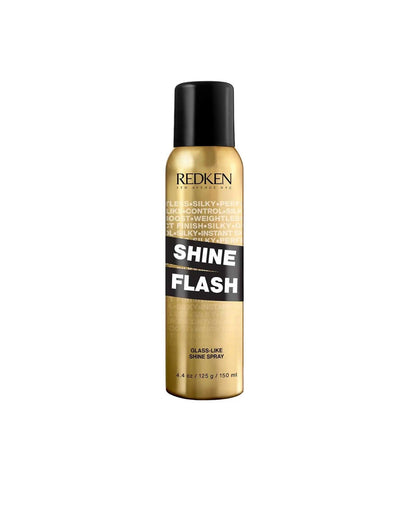 Redken Shine Flash lightweight hair shine spray in gold can, enhances hair's gloss and luminosity for all hair types.