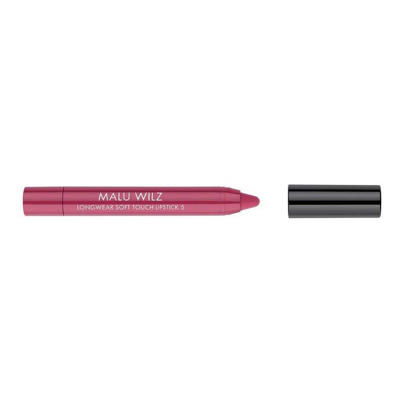 Malu Wilz Longwear Soft Touch Lipstick in a vibrant shade with removable cap, perfect for smooth and luxurious lip color.