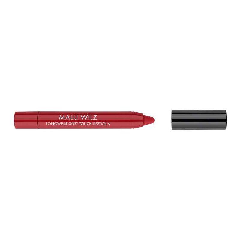 Malu Wilz Longwear Soft Touch Lipstick in vibrant red shade with black cap. Ideal for smooth, lasting color on lips.