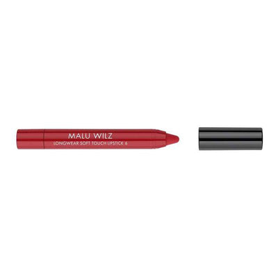 Malu Wilz Longwear Soft Touch Lipstick in vibrant red shade with black cap. Ideal for smooth, lasting color on lips.