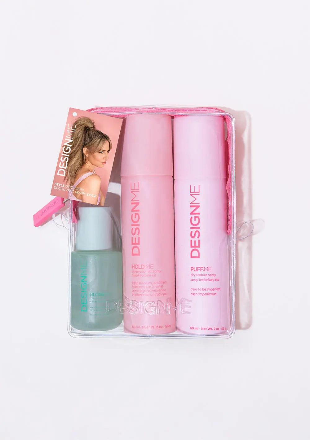 DESIGNME Style Discovery Kit featuring mini hair products for volume, gloss, and control in a clear packaging.