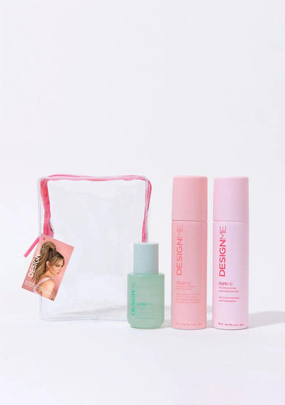 DESIGNME Style Discovery Kit featuring mini finishing products in a clear pouch. Perfect for hair styling and gifting.