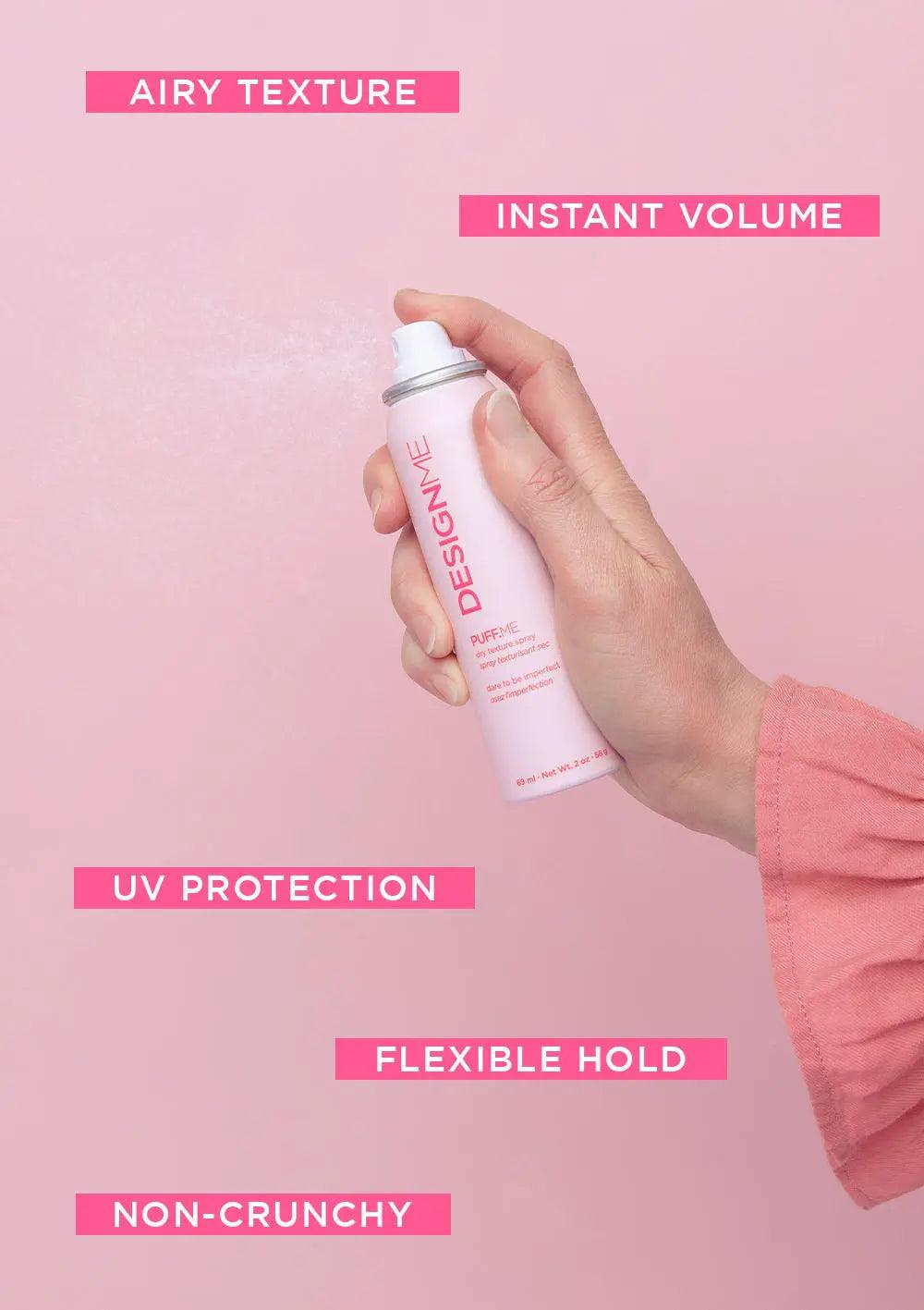 Hand holding DESIGNME styling spray with benefits: airy texture, instant volume, UV protection, flexible hold, and non-crunchy finish.