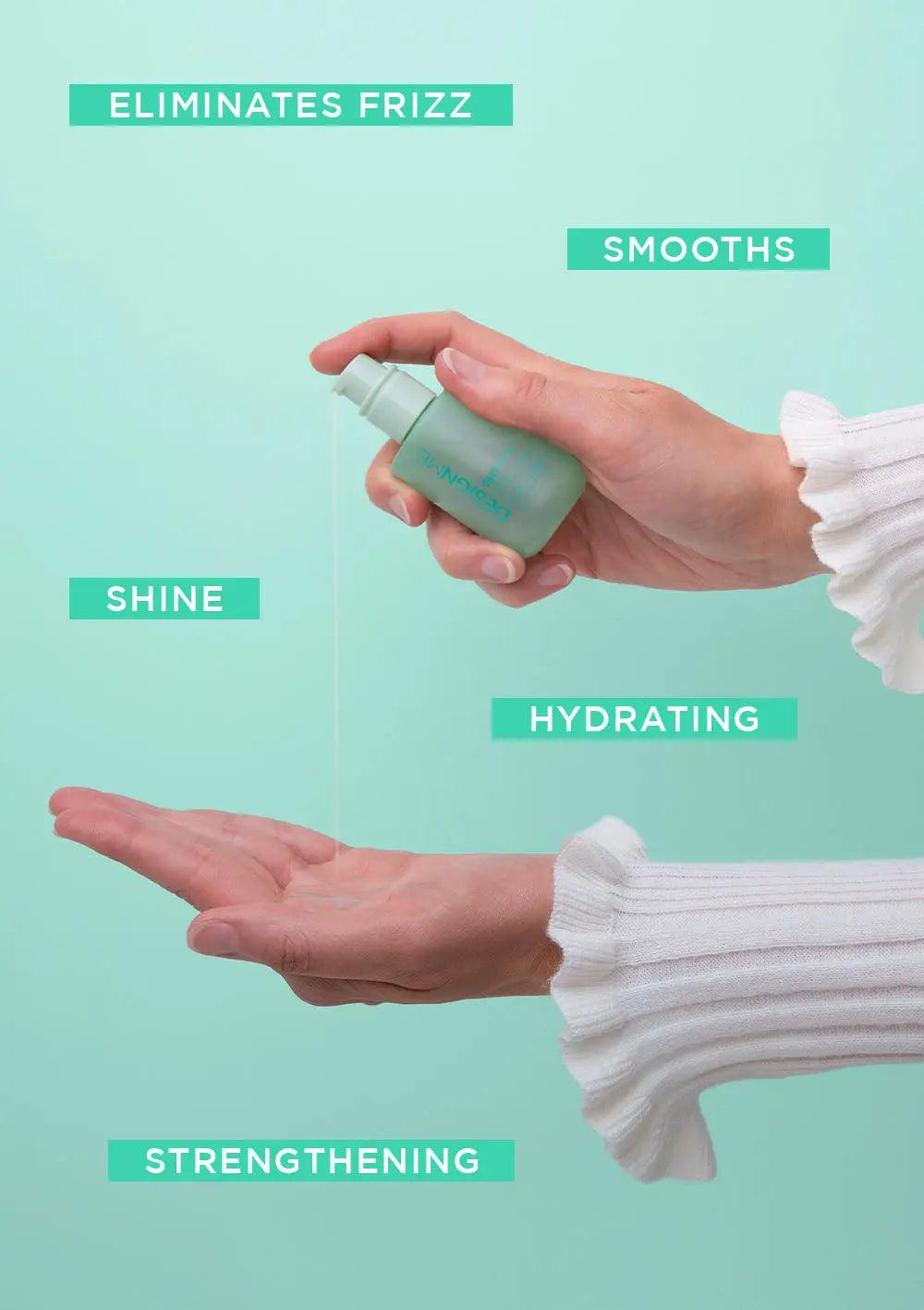 Hand holding a small bottle of styling product, showcasing benefits like frizz elimination and hydration.