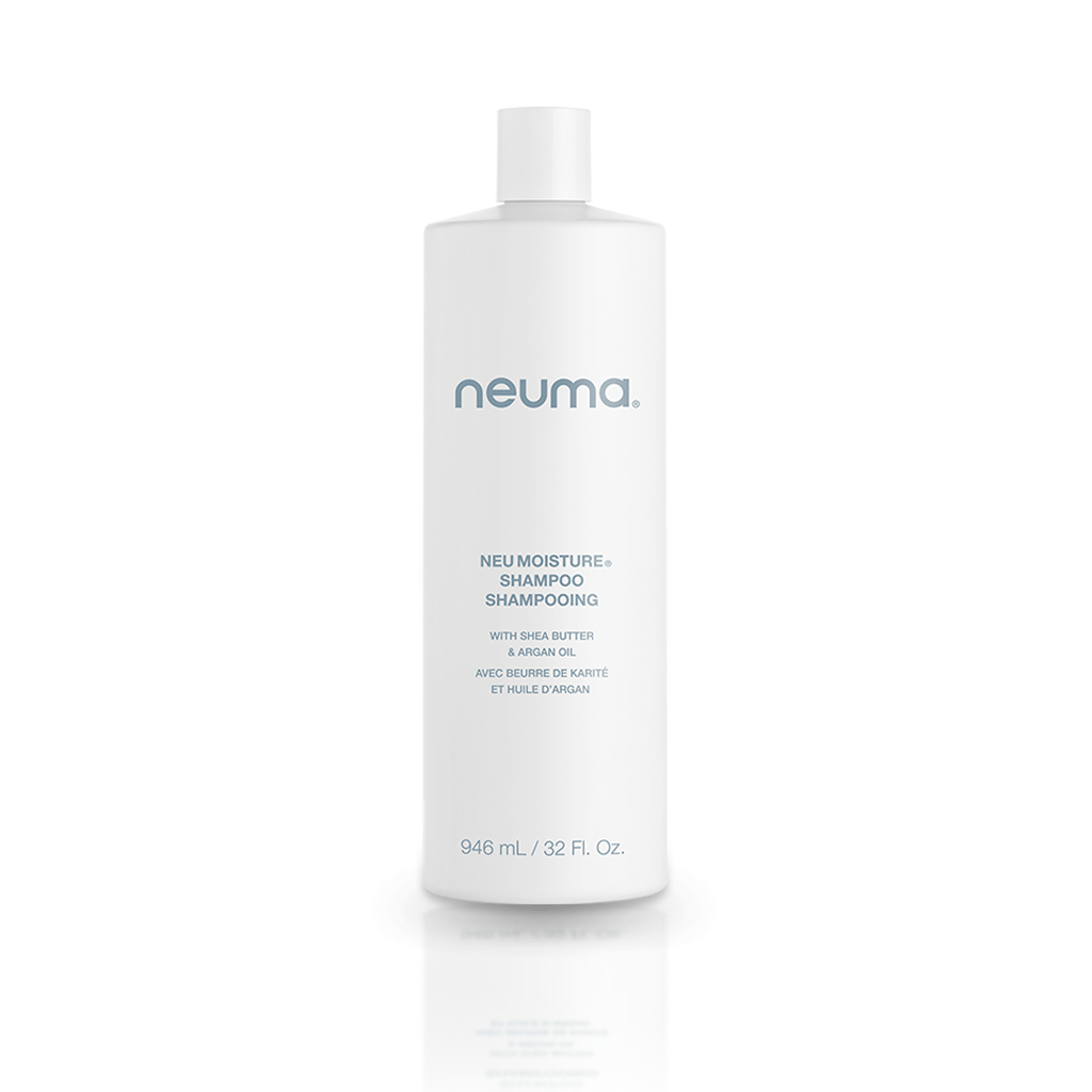 NEU Moisture Shampoo bottle with moisturizing formula for smooth, hydrated hair, featuring lavender, mandarin, and vanilla aroma.